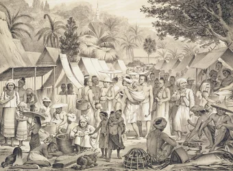 Doudart de Lagree（1823-68）1873による「インドシナ探検航海のアトラス」のイラスト、ラオス、ルアンパバーンの市場